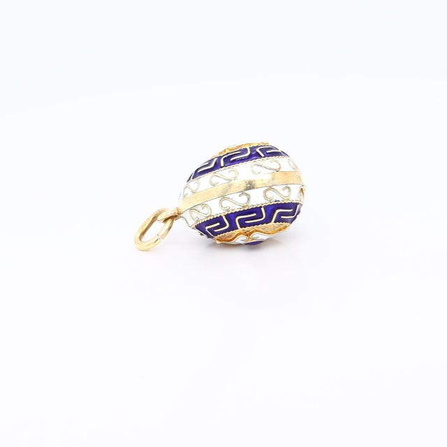 Vintage 14k Gold and Blue & White Enamel Figural Russian Style Egg Charm Pendant For Sale - Image 11 of 12