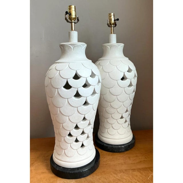 Late 20th Century Vintage Scalloped Ceramic Table Lamps - a Pair For Sale - Image 5 of 13