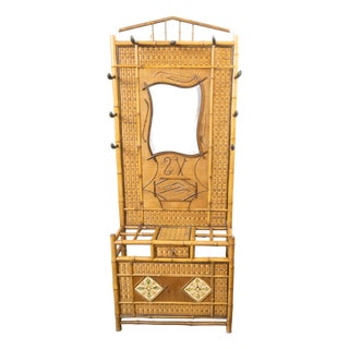 English 1880s Freestanding Bamboo and Rattan Hat Rack with Mirror and Tiles For Sale