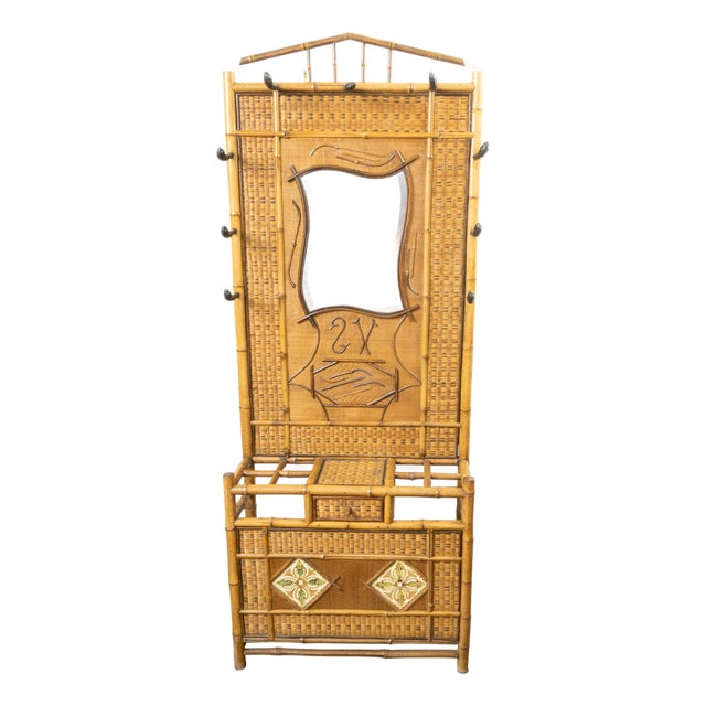 English 1880s Freestanding Bamboo and Rattan Hat Rack with Mirror and Tiles For Sale