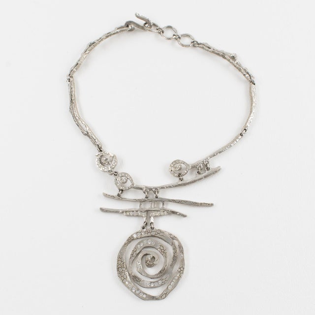 Christian Lacroix Paris Silvered Necklace With Jeweled Brutalist Medallion For Sale In Atlanta - Image 6 of 13