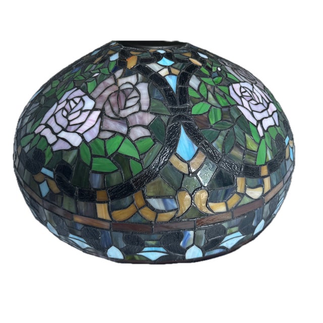 Vintage Rose Petal Tiffany Style Table Lamp With Brass Base For Sale - Image 11 of 16