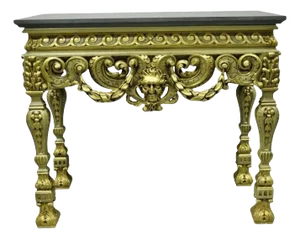 Vintage French Baroque Green Gold Gilt Figural Carved Slate Top Console Table
