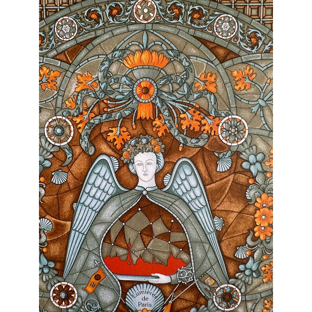 Authentic Original Hermès “Lumière De Paris” Framed Silk Scarf Art Advertisement Print Art Nouveau Angel French Luxury Wall Art For Sale In Miami - Image 6 of 9