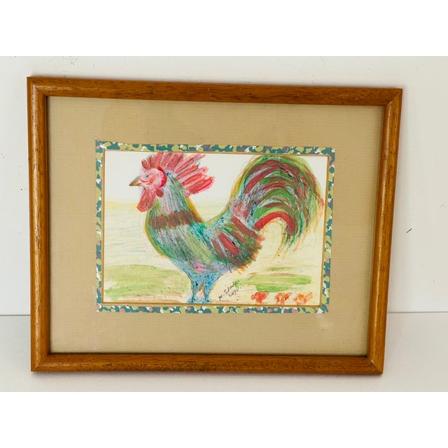 Folk art style mixed media painting Roosyer with 3 chickens in wood frame.
