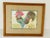 Folk art style mixed media painting Roosyer with 3 chickens in wood frame.