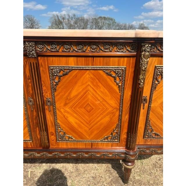 Long French Louis XVI Demilune Mahogany Sideboard Carrera Marble Top 1900s For Sale - Image 15 of 18