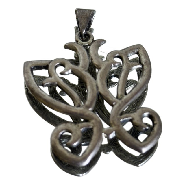 Vintage 925 Sterling Silver Openwork Filigree Butterfly Pendant Necklace 1970s For Sale