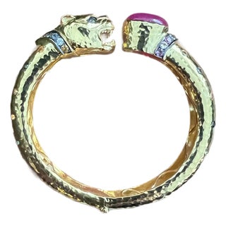Bochic “Orient” Vintage Ruby & Multi Sapphire Dragon Bangle In 18K Gold & Silver For Sale