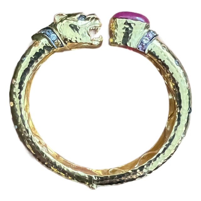Bochic “Orient” Vintage Ruby & Multi Sapphire Dragon Bangle In 18K Gold & Silver For Sale