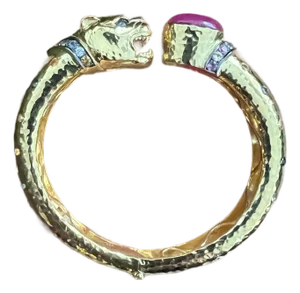 Bochic “Orient” Vintage Ruby & Multi Sapphire Dragon Bangle In 18K Gold & Silver