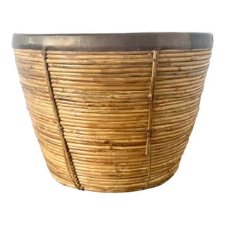 Vintage Boho Monumental Brass Rimmed Pencil Reed Bowl For Sale