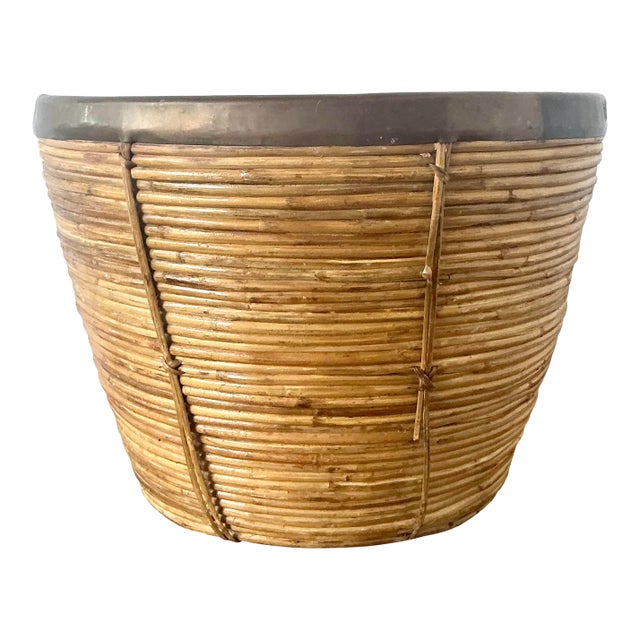 Vintage Boho Monumental Brass Rimmed Pencil Reed Bowl For Sale