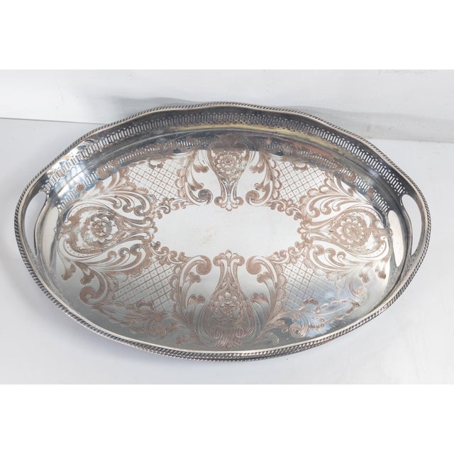 Metal Mid-Century English Sheffield Silverplate Drinks Serving Tray With Gallery in Victorian Style For Sale - Image 7 of 12