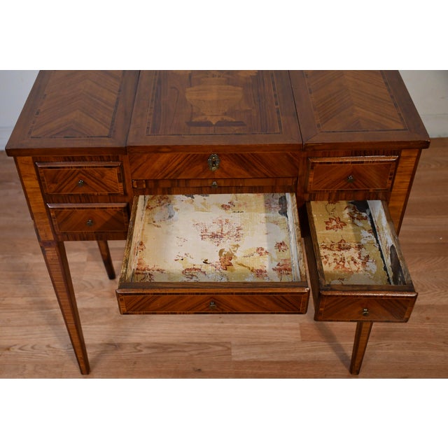 1890 Antique French Louis XVI Satinwood & Walnut Inlaid Makeup Vanity Ladies Desk For Sale - Image 12 of 17