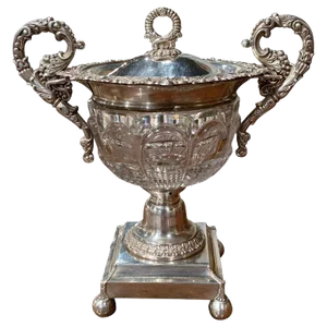 19th Century French Silver Plated Over Copper and Crystal Sugar or Candy Bowl