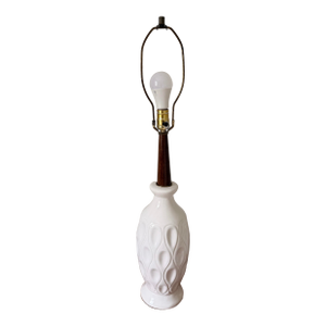 1960s Mid-Century Modern White Ceramic Table Lamp With Walnut Wood Neck and Lampshade