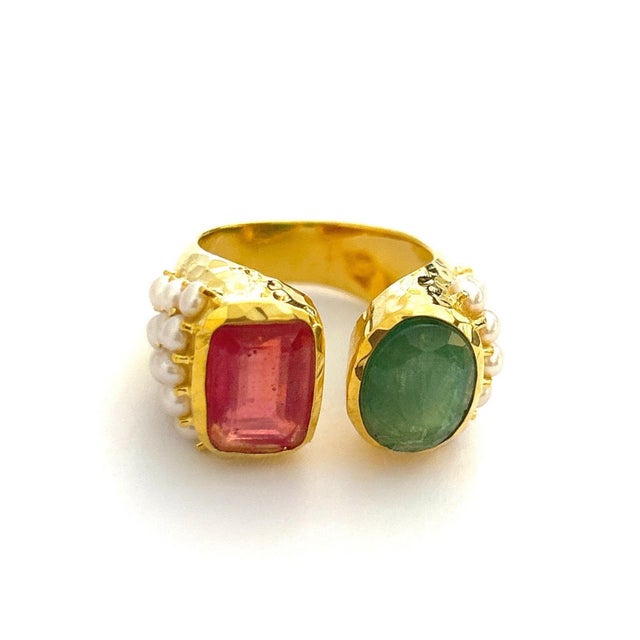 Bochic “Orient” Red Ruby, Green Emerlad & Pearl Ring Set 18K Gold & Silver, Size 9.5 For Sale - Image 11 of 11