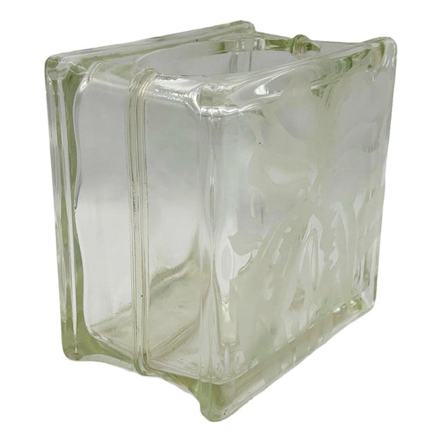 1970 Brutalist Postmodern Glass Block Table Vase W/ Acid Etched Hibiscus For Sale