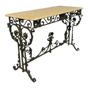 French Art Nouveau Green Wrought Iron Marble Top Scrolling Console Hall Table
