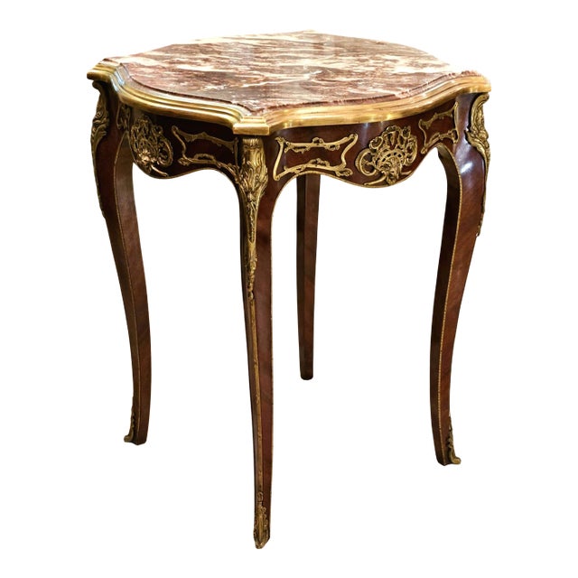 French Accent Table With Multicolor Marble Top and Ornate Bronze Details For Sale