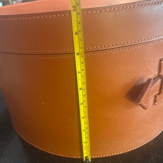 Cognac Leather Rounded Storage Container For Sale - Image 11 of 12