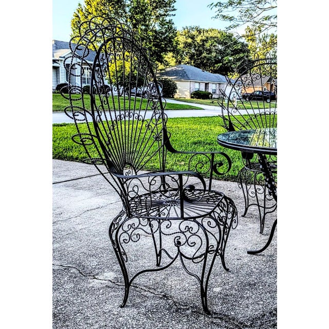 1960s Salterini Patio Set Wrought Iron Table Peacock 4 Chairs Mid 20th C. For Sale - Image 5 of 11