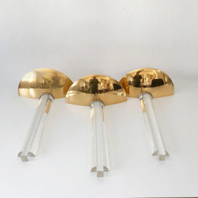 Mid-Century Modern Brass and Acrylic Glass Wall Lights, 1980s, Set of 3 For Sale - Image 3 of 13