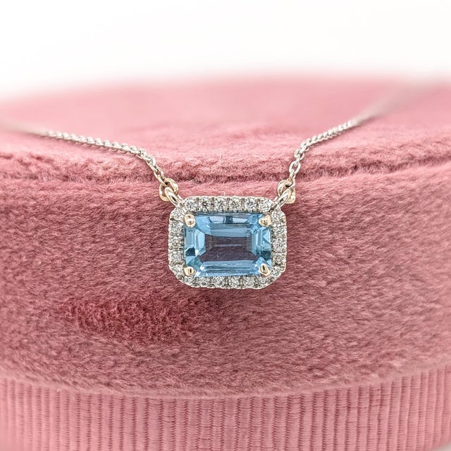 Blue Aquamarine Pendant Necklace w Earth Mined Diamonds in Solid 14K Gold EM 5x7mm For Sale - Image 8 of 8
