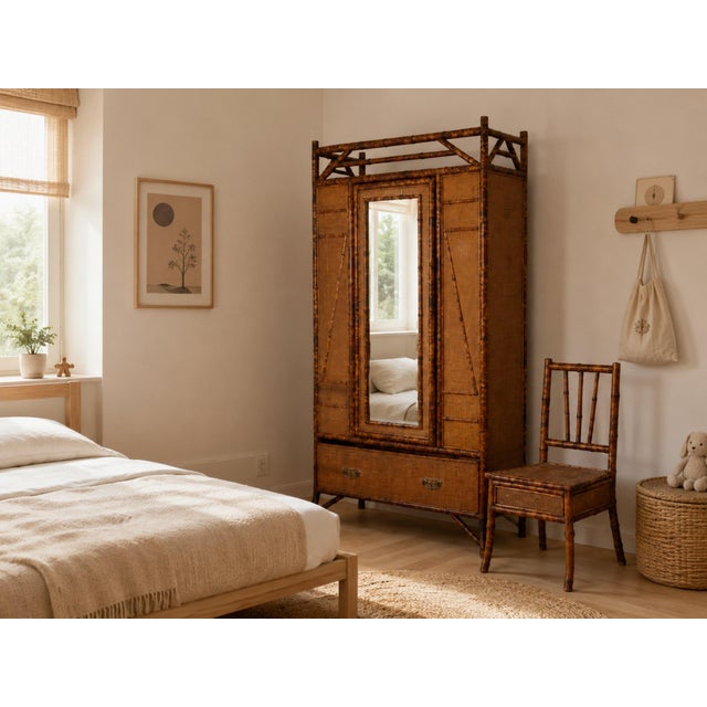 20th Century Victorian English Bamboo and Rattan Wardrobe with Chair, 1920, Set of 2 For Sale - Image 6 of 11