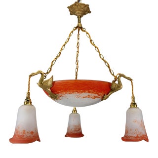 Empire French Red and White Glass and Bronze Chandelier, 1925 For Sale