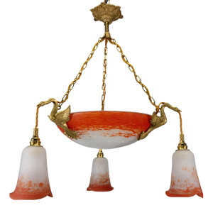 Empire French Red and White Glass and Bronze Chandelier, 1925