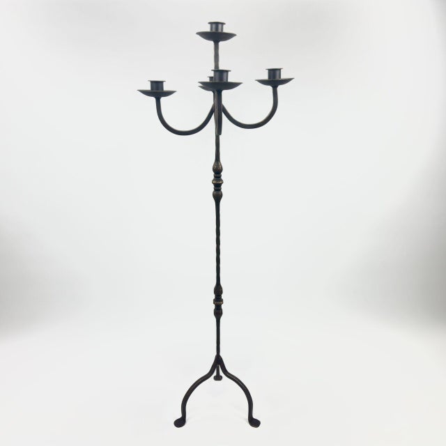 Rustic Hand Forged Iron Floor Candelabra 48.5″ (123cm) Antique Copper or Gold Patina 3-Arm Royal Scroll Candle Holder Decor For Sale - Image 3 of 12
