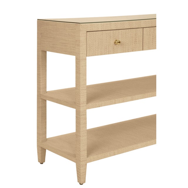 Contemporary Matthew Izzo Home Briar Natural Grasscloth Three Drawer Console Table With Brass Knobs For Sale - Image 3 of 7