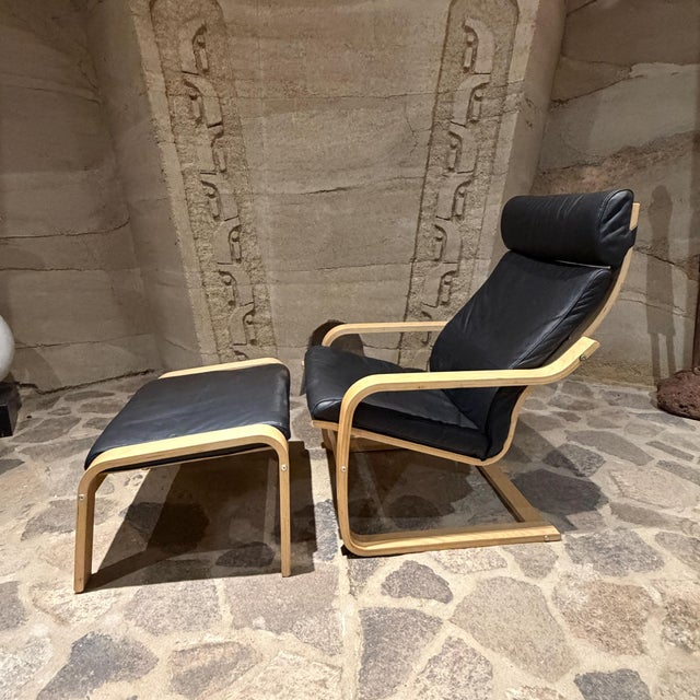 Mid-Century Modern Ikea Poäng Armchair Noboru Nakamura Black Leather Birch Plywood Vintage For Sale - Image 3 of 7