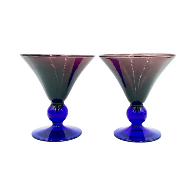 Vintage Set of 4 Martini Glasses Purple Cobalt Blue Art Deco Style Cocktail Stemware For Sale - Image 4 of 12