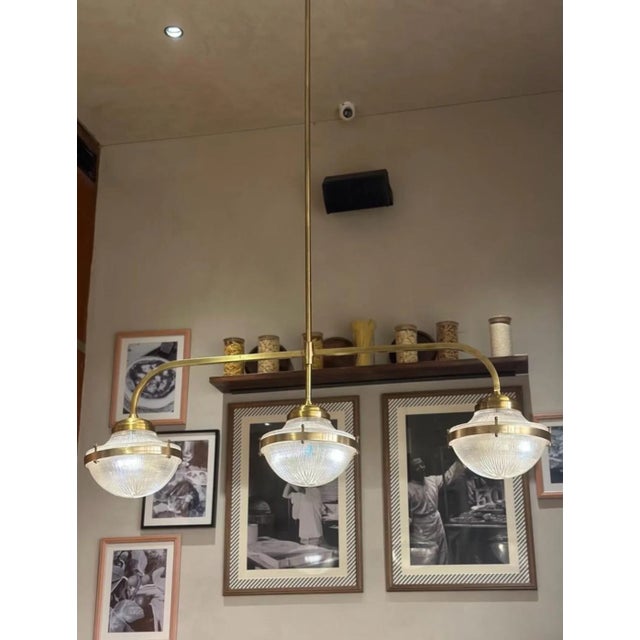 Art Deco Vintage 1940s Art Deco Ship 3 Light Ceiling Chandelier Fixture in Brass & Glass For Sale - Image 3 of 4