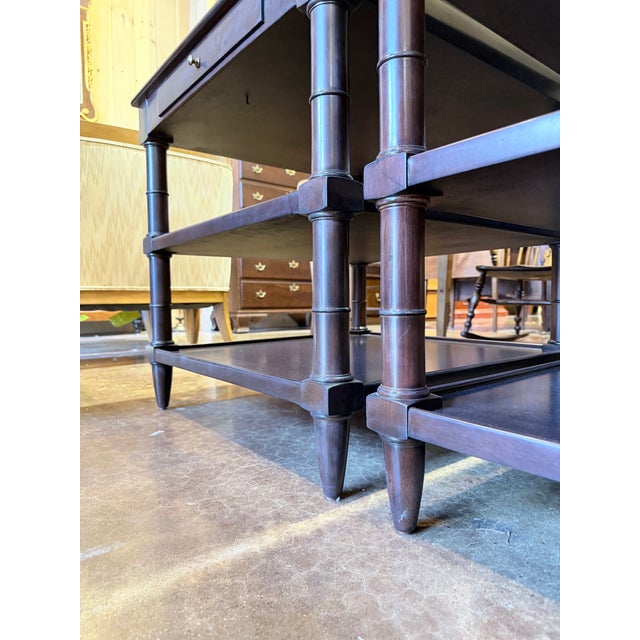 Late 20th Century Pair of Regency Style Mahogany Burl Inlay Side Tables For Sale - Image 10 of 11