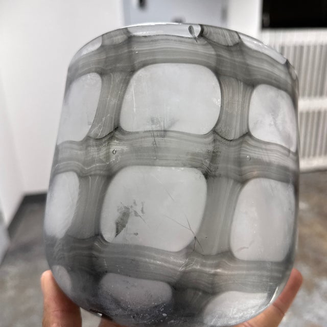Gray Contemporary Smoke Gray + White Geometric Art Glass Bowl Vase For Sale - Image 8 of 12