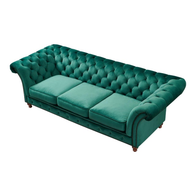 Peyton Sloped Arm Chesterfield Sofa - Green Velvet For Sale