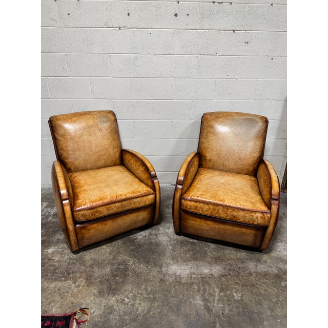 Textile Art Deco Style Leather & Velvet Club Chairs - A Pair For Sale - Image 7 of 10