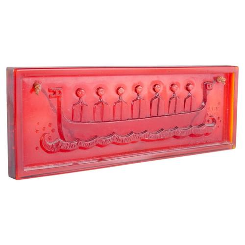 1970s Vintage Swedish Wall-Mounted Art Glass Relief with Viking Ship by John Käll, 1970s For Sale - Image 5 of 5
