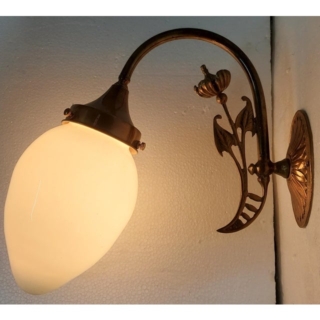 Vintage Art Nouveau Wall Sconces Fixture Brass & Milk Glass Shade Ship Light For Sale - Image 6 of 6