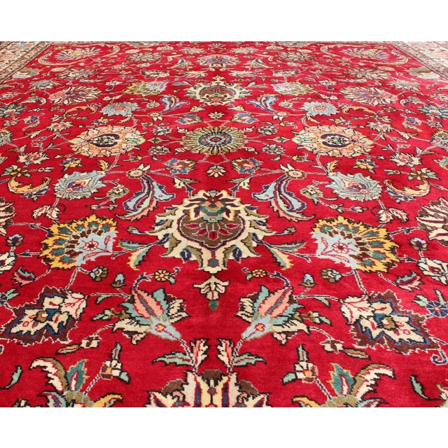 Red Semi Antique Persian Tabriz Rug With All-Over Blossom Design in Red and Ivory For Sale - Image 8 of 12