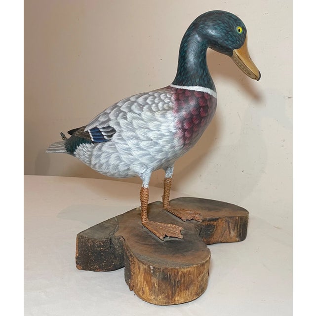 Vintage Lifesize Hand Carved Wood Folk Art Mallard Duck Decoy Sculpture Statue For Sale - Image 10 of 16