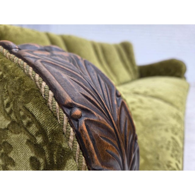 Wood Vintage Danish Three-Seater Sofa in Furniture Velour and Carved Oak, 1950s For Sale - Image 7 of 18