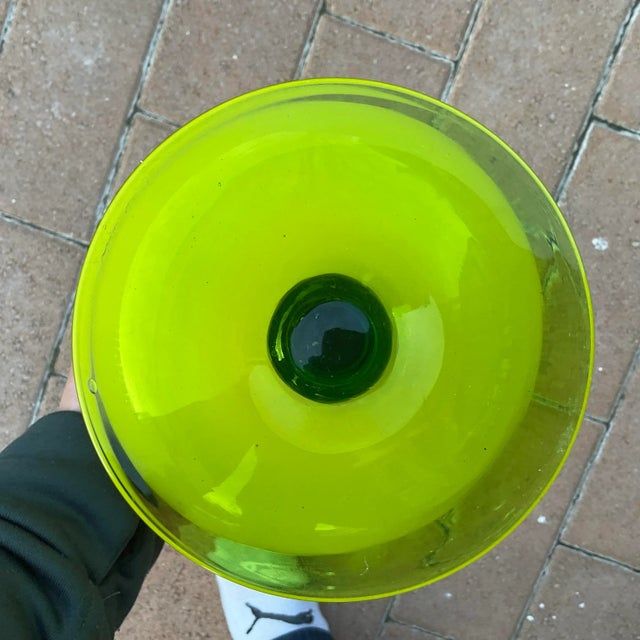 Mid 20th Century Mid Century Yellow Empoli Cased Glass Apohecary Jar With Green Pedestal For Sale - Image 5 of 5