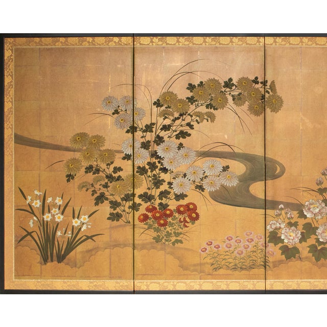 Lovely Japanese painted 4-panel byobu (folding screen) "Flowers of the Four Seasons". Signed and sealed by artist....