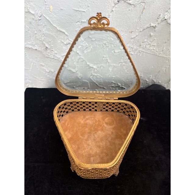 Gold Vintage Gilt Ormolu Jewelry Box With Beveled Glass Top and Velvet Interior For Sale - Image 8 of 10