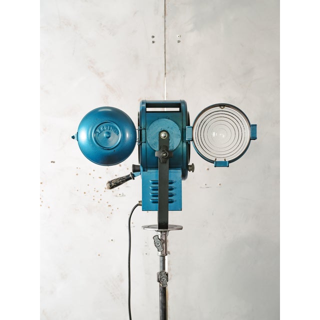 Blue Fresnel Theater Spotlight Floor Lamp on Matching Steel Tripod from A.E. Cremer, Paris, 1950s For Sale - Image 16 of 18